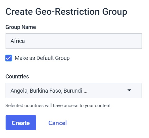 Dacast security preferences - create geo-restriction group