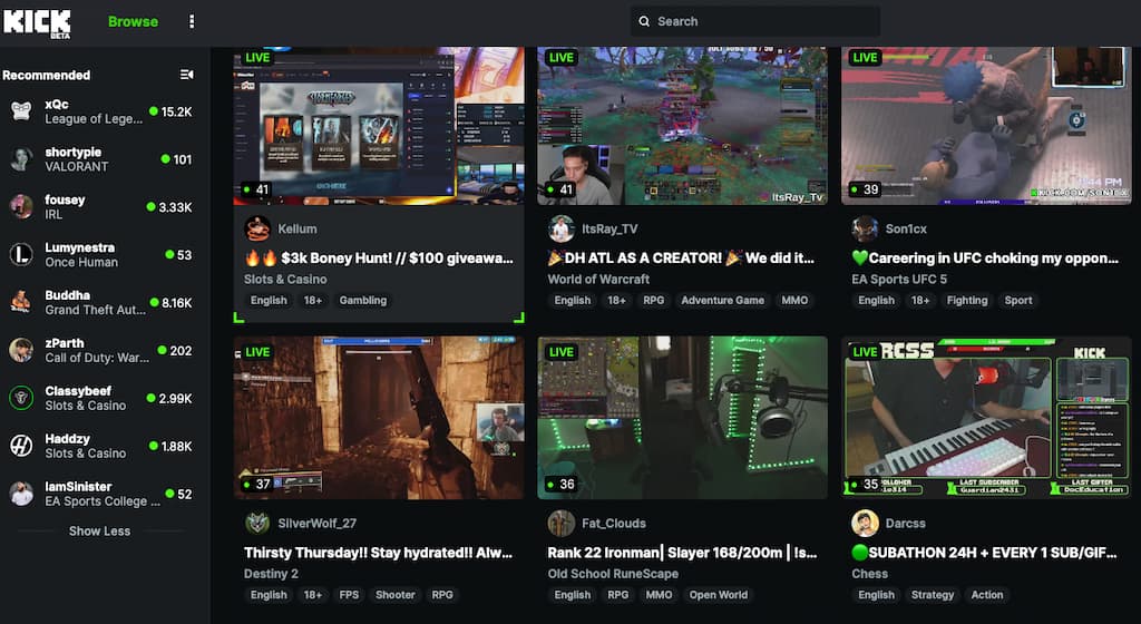 kick live streaming platform